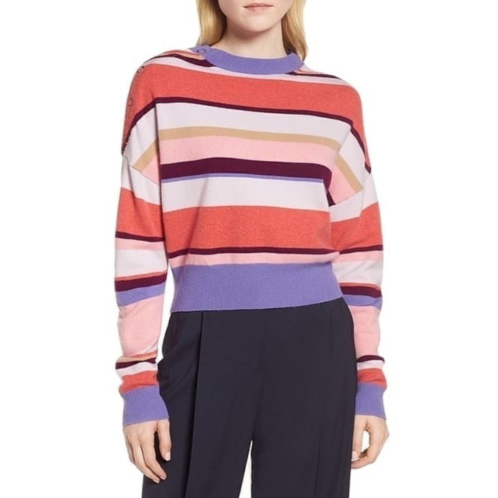 Lewit Cashmere Striped Cropped Sweater Pink Purple